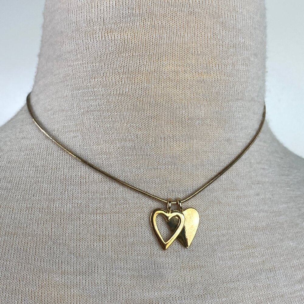 Double Heart Charm Pendant Necklace Gold Tone & Silver Tone 16"